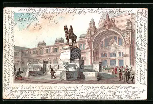 Lithographie Nürnberg, Centralbahnhof und Denkmal des Prinzregenten Luitpold von Bayern