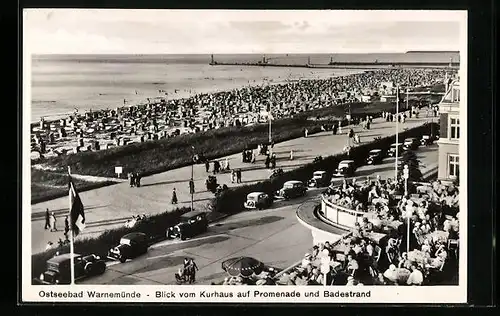 AK Warnemünde / Ostseebad, Blick vom Kurhaus auf Promenade und Badestrand