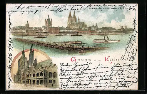 Lithographie Köln, Rathaus, Teilansicht mit Dom