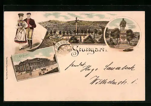 Lithographie Stuttgart, Königsbau, Schlossplatz, Herzog-Christoph-Denkmal, Trachten