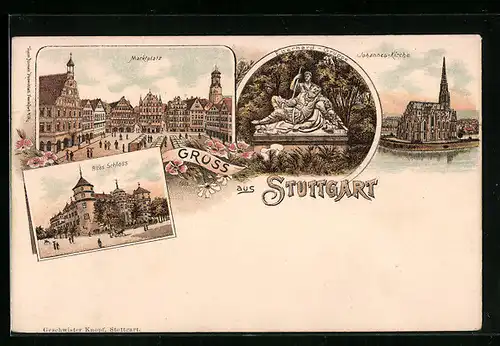 Lithographie Stuttgart, Marktplatz, Altes Schloss, Johannes-Kirche, Eberhard-Gruppe