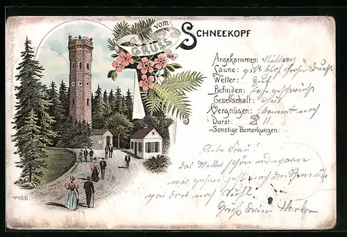 Lithographie Schneekopf, Ortspartie mit Turm