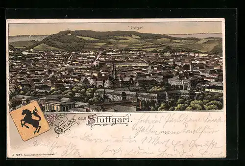 Lithographie Stuttgart, Ortsansicht aus der Vogelschau, Wappen