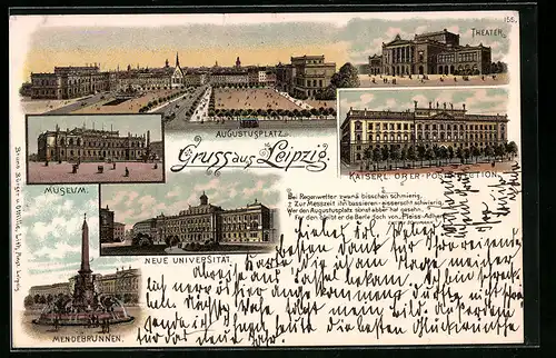 Lithographie Leipzig, Augustusplatz, Museum, Neue Universität, Mendebrunnen, Theater, Kaiserl. Ober-Postdirection