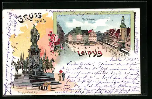 Lithographie Leipzig, Siegesdenkmal 1870 /71, Marktplatz