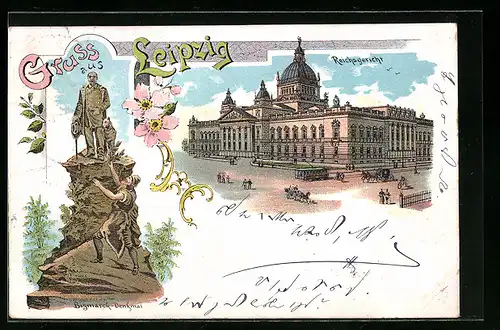 Lithographie Leipzig, Reichsgericht, Bismarck-Denkmal