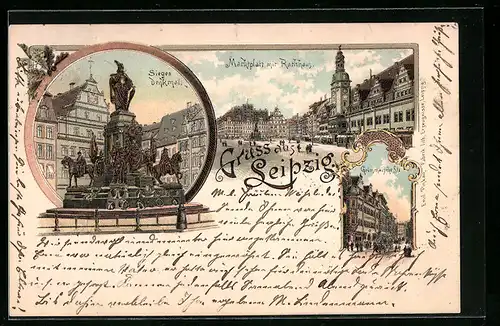 Lithographie Leipzig, Sieges-Denkmal, Marktplatz mit Rathhaus, Grimmaische Strasse