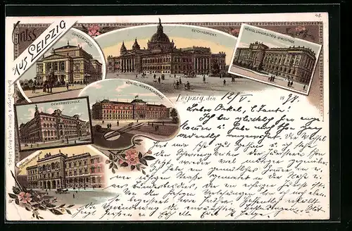 Lithographie Leipzig, Concerthaus, Reichsgericht, Kgl. Universitäts-Bibliothek, Kgl. Kunstacademie, Gewerbeschule