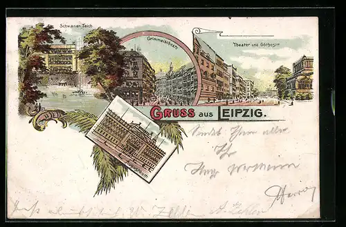 Lithographie Leipzig, Schwanenteich, Augusteum, Grimmaischestrasse, Theater und Göthestrasse