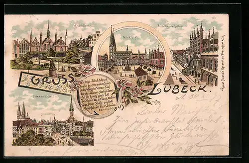 Lithographie Lübeck, Geibel-Denkmal, Marktplatz, Breitestrasse u. Rathhaus, Ortsansicht vom Holstenthor