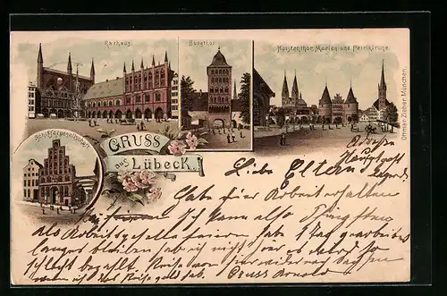 Lithographie Lübeck, Rathaus, Burgthor, Holstenthor, Marien- u. Petrikirche, Schiffergesellschaft