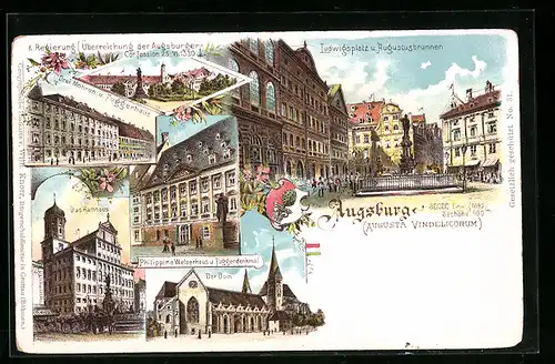 Lithographie Augsburg, Ludwigsplatz u. Augustusbrunnen, Drei Mohren u. Fuggerhaus, Philippine Welserhaus, Fuggerdenkmal