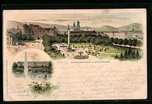 Lithographie Stuttgart, Partie am Schlossplatz, Anlagensee