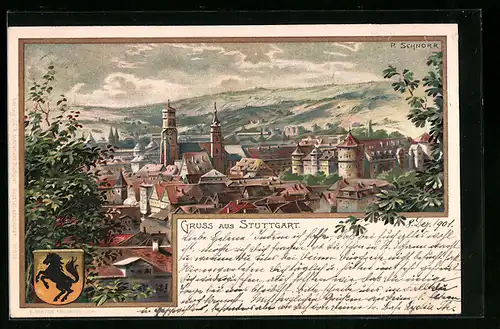Lithographie Stuttgart, Ortsansicht aus der Vogelschau, Wappen