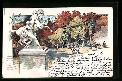 Lithographie Stuttgart, Waldpartie mit Denkmal