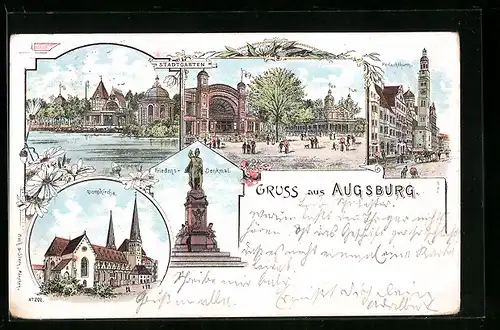 Lithographie Augsburg, Stadtgarten, Perlachthurm, Domkirche, Friedens-Denkmal
