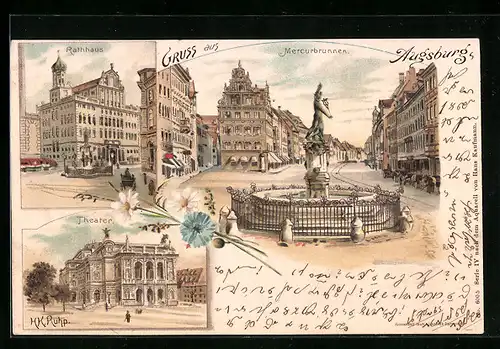 Lithographie Augsburg, Mercurbrunnen, Rathhaus, Theater