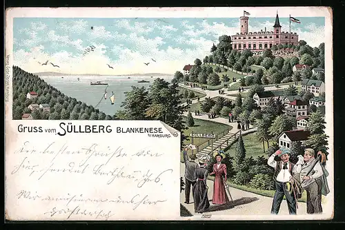 Lithographie Blankenese b. Hamburg, Blick auf Süllberg