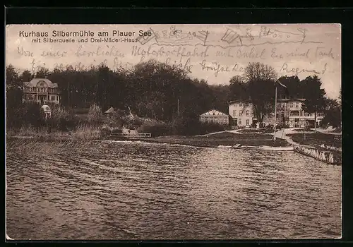 AK Plau, Kurhaus Silbermühle am Plauer See mit Silberquelle und Drei-Mäderl-Haus