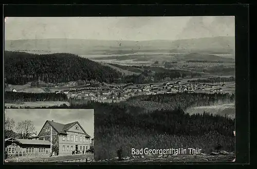 AK Bad Georgenthal /Th., Ortsansicht aus der Vogelschau, Gasthaus Thüringer Wald