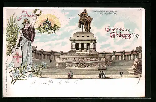 Lithographie Coblenz a. Rh., Kaiser Wilhelm I. Denkmal am deutschen Eck, Germania mit Lorbeerkranz