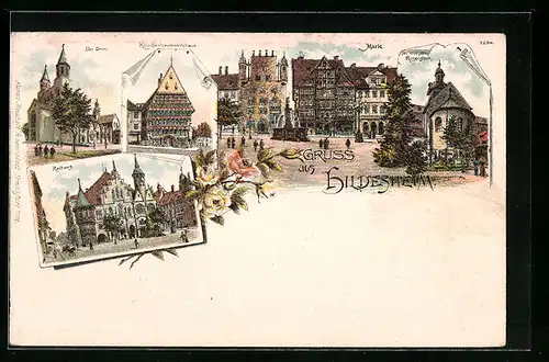Lithographie Hildesheim, Dom, Knochenhaueramtshaus, Rathaus, Markt, 1000 jähr. Rosenstock