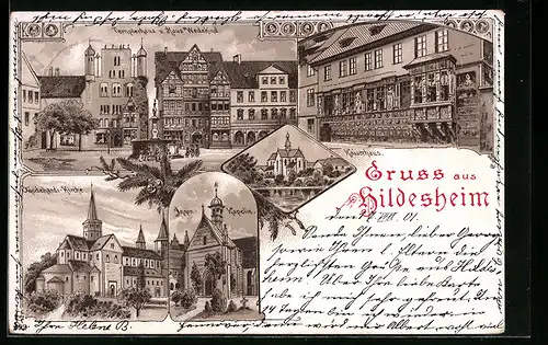 Lithographie Hildesheim, Kaiserhaus, Templerhaus u. Haus Wedekind, Annen-Kapelle