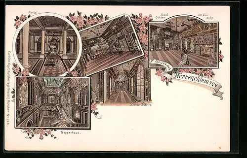 Lithographie Herrenchiemsee, Schloss, Portal, Hartschiersaal, Kleine Gallerie, Saal mit dem Ochsenauge