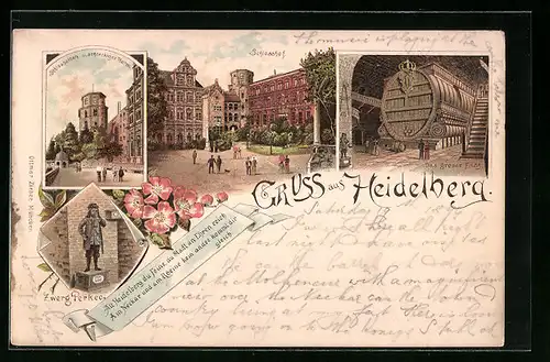 Vorläufer-Lithographie Heidelberg, 1894, Das grosse Fass, Schlosshof, Schlossaltan u. achteckiger Thurm, Zwerg Perkeo