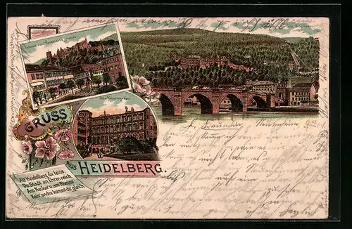 Lithographie Heidelberg, Uferpartie mit Brücke, Schloss vom Kornmarkt aus, Otto Heinrichsbau
