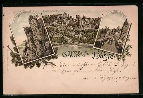 Lithographie Bastei, Bastei von der Elbe gesehen, Basteibrücke, Basteifelsen