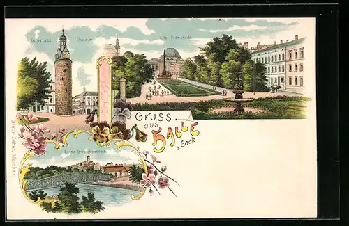 Lithographie Halle a. S., Alte Promenade, Leipziger Thurm, Ruine Giebichenstein