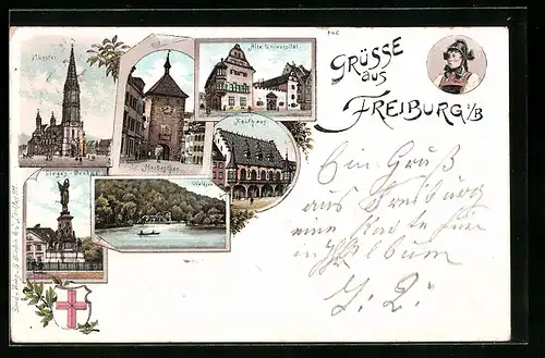 Lithographie Freiburg i. B., Sieges-Denkmal, Waldsee, Münster, Martinsthor, Kaufhaus, Alte Universität