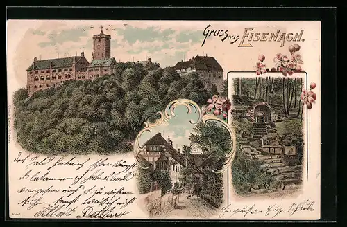 Lithographie Eisenach, Wartburg, Strassenpartie