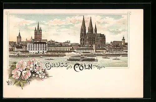 Lithographie Cöln a. Rh., Uferpartie mit Dom
