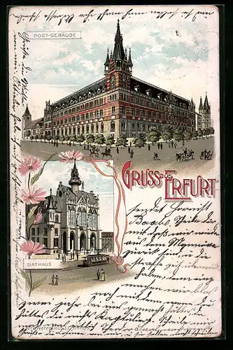 Lithographie Erfurt, Post-Gebäude, Rathaus, Strassenbahn