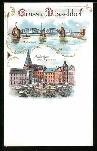 Lithographie Düsseldorf, Rheinbrücke, Marktplatz mit Rathaus