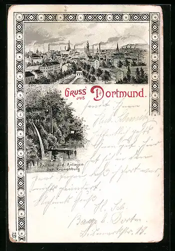 Lithographie Dortmund, Parthie a. d. Anlagen der Kronenburg, Ortsansicht aus der Vogelschau