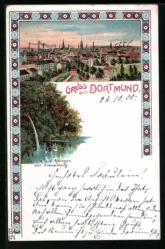 Lithographie Dortmund, Parthie a. d. Anlagen der Kronenburg, Ortsansicht aus der Vogelschau
