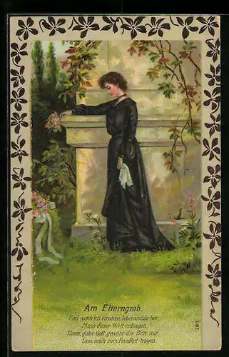Künstler-AK Am Elterngrab, Frau im schwarzen Kleid mit Blumen