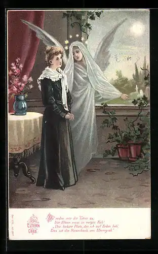 Künstler-AK Elterngrab, Frau im schwarzen Kleid mit Engel