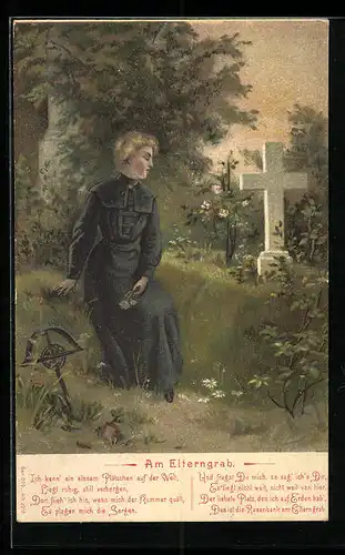 Lithographie Am Elterngrab, Frau im schwarzen Kleid am Grabstein
