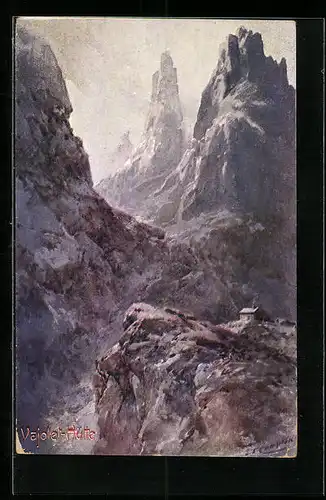 Künstler-AK Edward Theodore Compton: Vajolet-Hütte vor Gipfel-Formationen