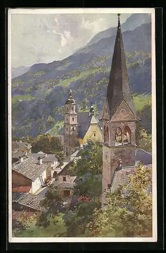 Künstler-AK Edward Theodore Compton: Berchtesgaden, Protestant. und Franziskaner-Kirche