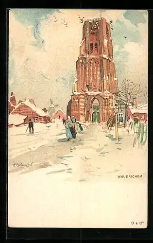 Künstler-AK Henri Cassiers: Woudrichem, Strassenpartie im Winter