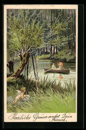 Künstler-AK E. Döcker: Paar im Ruderboot, kleiner Engel, Armor