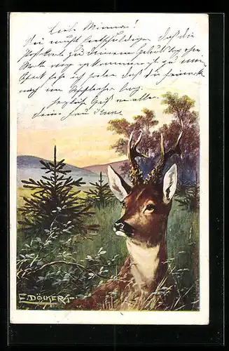 Künstler-AK E. Döcker: Hirsch am Waldrand