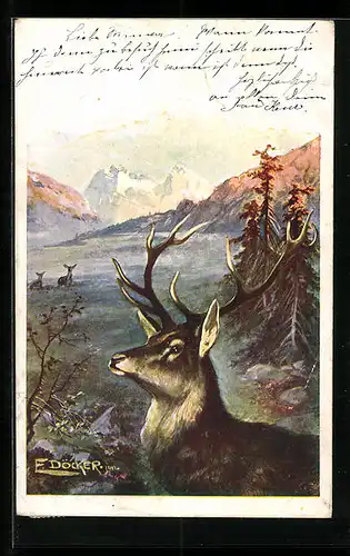 Künstler-AK E. Döcker: Hirsch am Waldrand