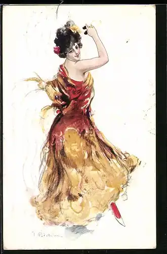 Künstler-AK sign.: J. Dedina, Tänzerin im rot-gelben Kleid, Jugendstil