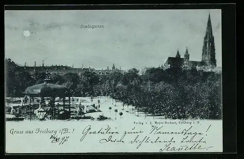 Mondschein-AK Freiburg i. B., Stadtgarten aus der Vogelschau